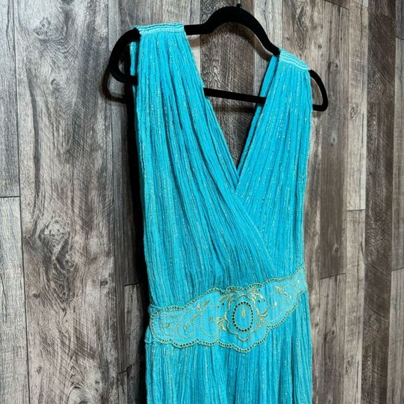 Vintage 80’s Gauze Teal w/Gold Embroidery Metallic Details Dress/Swim Cover Up - Picture 2 of 8